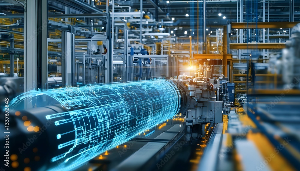 Aufkleber a cutting-edge factory scene showcasing advanced technology. a glowing pipeline is surrounded by mac
