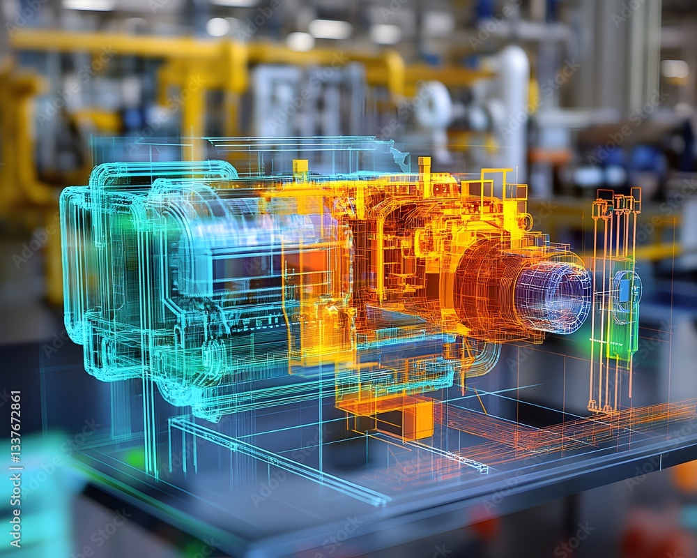 Poster a detailed 3d illustration of a motor displayed in a factory setting. the vibrant colors highlight v