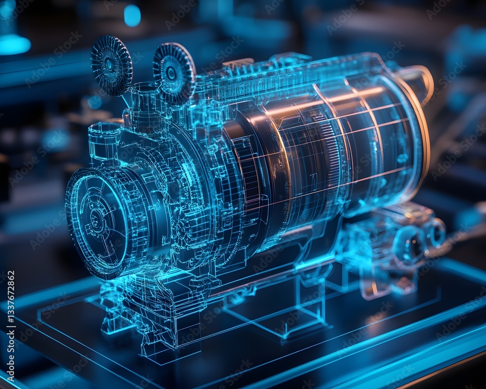 Poster a detailed 3d wireframe model of a mechanical component, showcasing intricate designs and technology