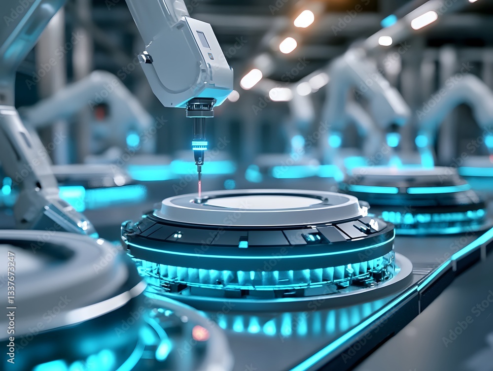 Poster a futuristic robotic arm in a high-tech factory setting, meticulously assembling components with pre