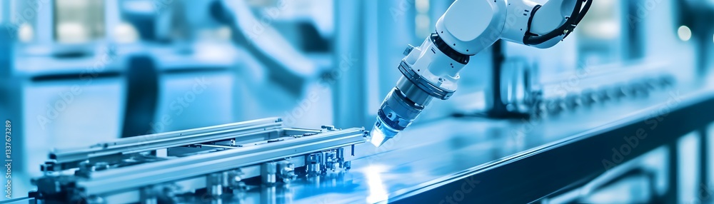 Poster a futuristic robotic arm performing precise tasks in a high-tech manufacturing facility with modern 