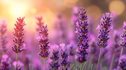 Obraz premium Sunset illuminates vibrant lavender flowers in a field.