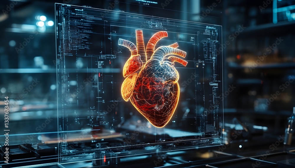 Poster a high-tech visualization of a human heart displayed on a digital screen in a futuristic lab, showca