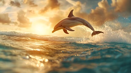 Fototapeta premium Graceful pod of dolphins leaping through the golden ocean waves at sunset their sleek bodies reflecting the warm light and creating a serene beautiful seascape