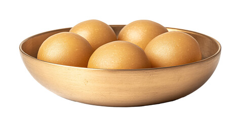 Five smooth, golden spheres rest in a golden bowl.
