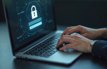 Hands typing on laptop keyboard entering username, password for cyber security system. Biometric authorization prevents hacker data attack. Online web access control ensures personal digital privacy,