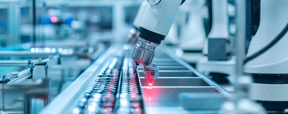 Poster a state-of-the-art robotic arm is meticulously inspecting items on a conveyor belt in a modern facto
