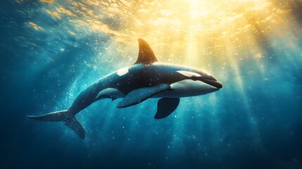 Powerful Orca Swimming Beneath the Surface in Deep Blue Waters with Striking Black and White Pattern