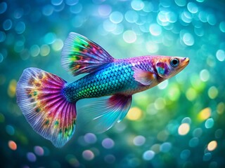 Fototapeta premium Iridescent Guppy Fish Swimming in Bokeh, Vibrant Tropical Aquarium Scene, Colorful Underwater Wildlife Stock Photo