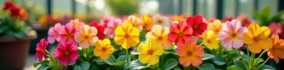 Fototapeta premium Multicolored primroses thriving in a cheerful greenhouse setting, color, pretty