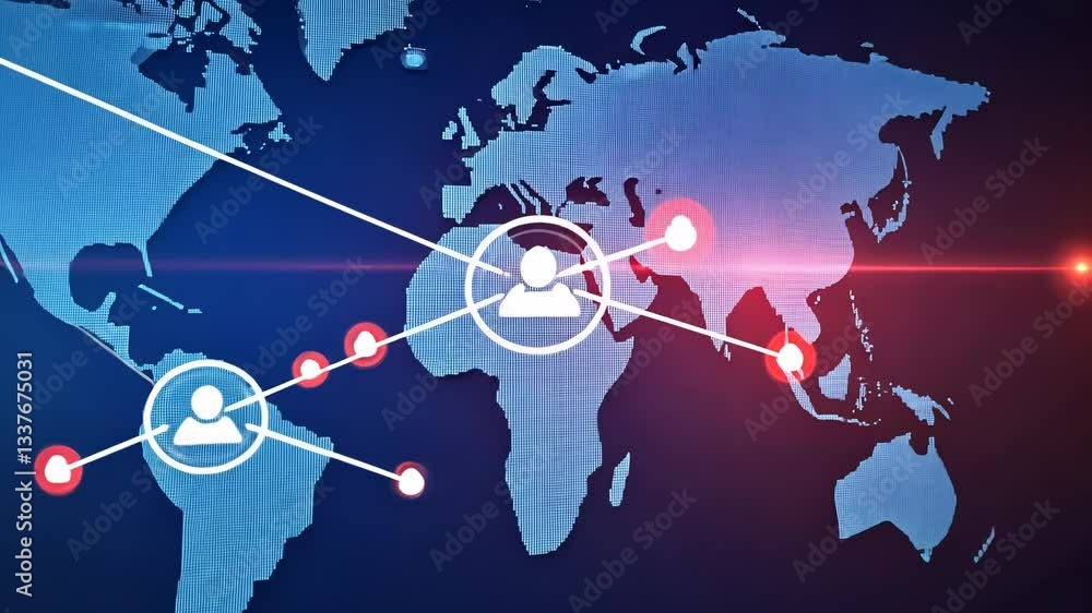 Poster global network connection visualization. connections between people across continents. interactive d