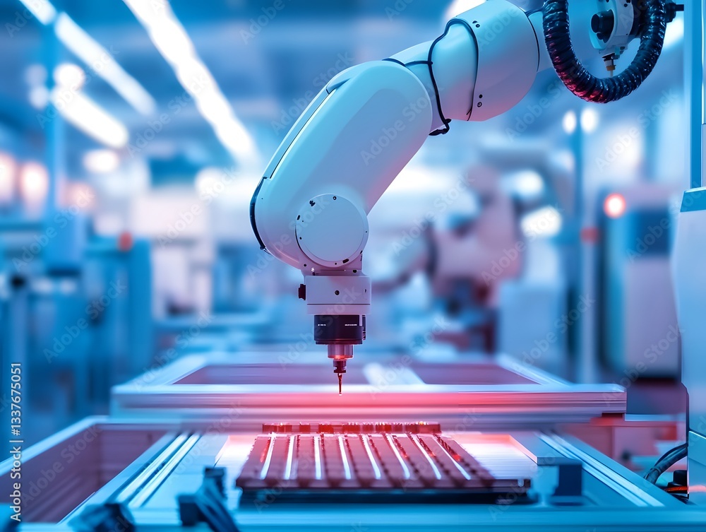 Poster advanced robotic arm performing precision tasks in a modern industrial environment.