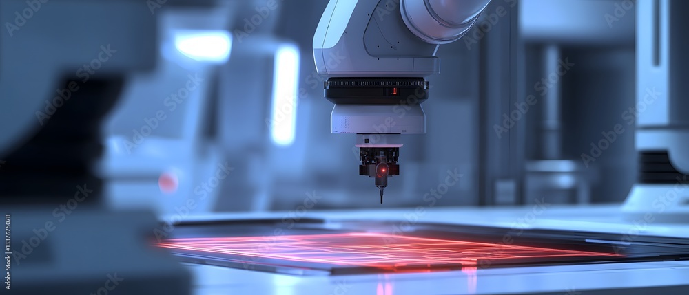 Poster advanced robotic arm precision carving on a high-tech workspace with illuminated surfaces and red la