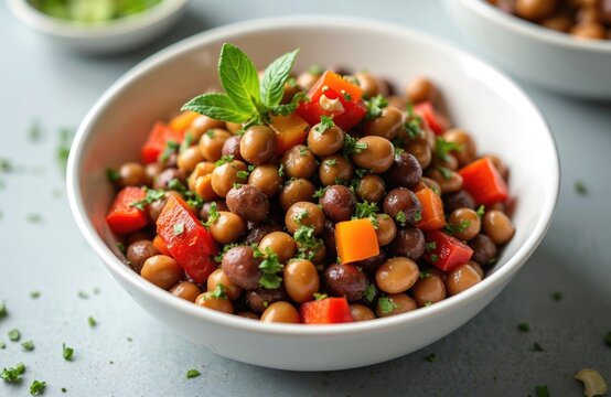 Close-up of traditional Turkish black-eyed peas salad with red bell peppers, herbs in white bowl. Kuru borulce salatasi healthy vegan food, popular during summer season. Turkish cuisine, Middle
