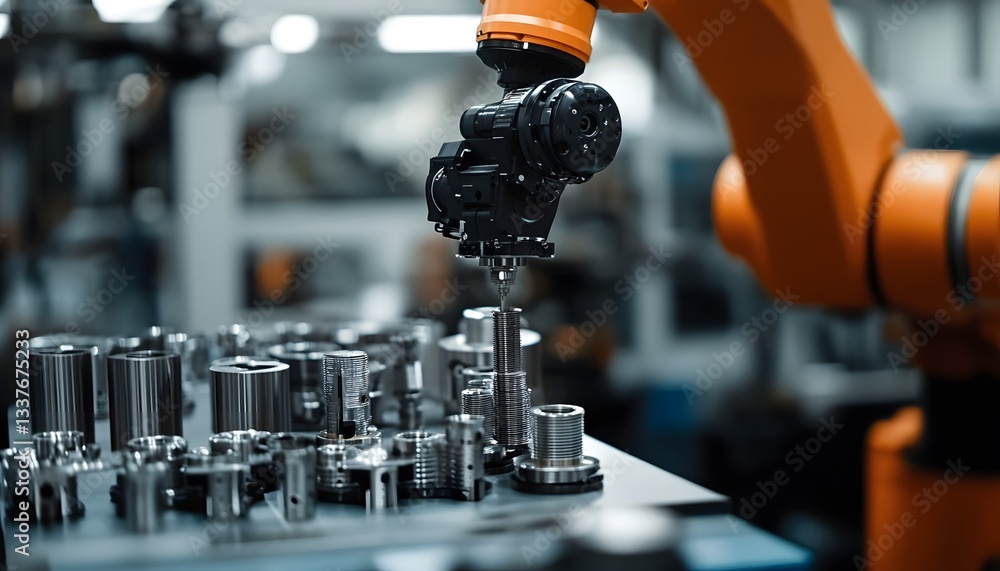 Poster an industrial robotic arm automating precision tasks in a modern manufacturing environment, showcasi