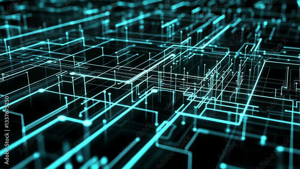 Poster abstract digital technology background with glowing blue lines and circuits representing advanced co