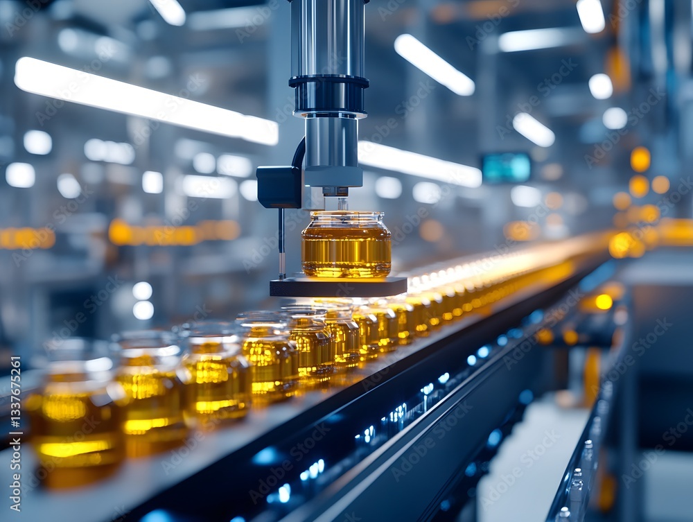 Poster automated production line with bottles being filled in a modern facility, showcasing efficiency and 
