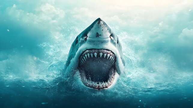 Powerful Great White Shark Emerging from Deep Blue Ocean Waters Its Sharp Teeth and Muscular Body Cutting Through the Waves