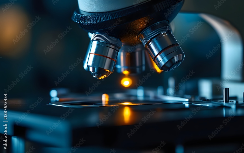 Poster close-up of a microscope with illuminated lenses over a slide, showcasing the intricate details of s