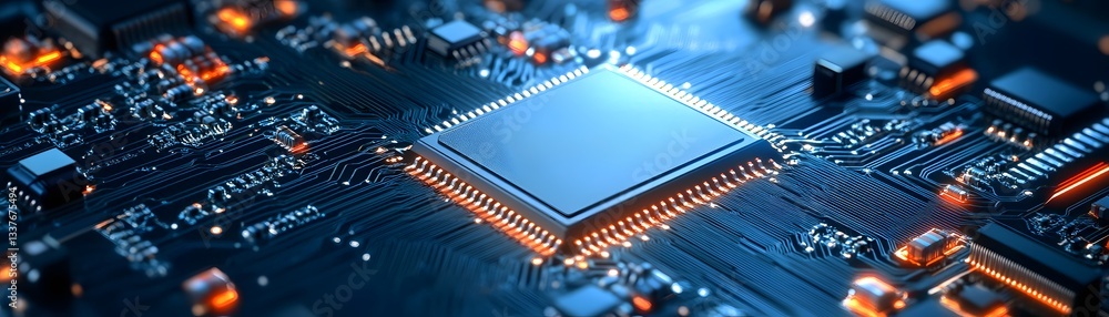 Poster close-up of a modern microprocessor chip on a circuit board, showcasing intricate details and glowin