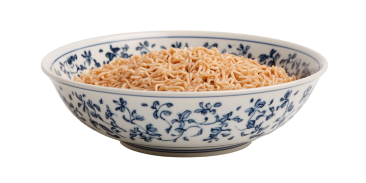 A close-up shot of a bowl of cooked noodles. The noodles are light brown and are in a white bowl with a blue floral design.