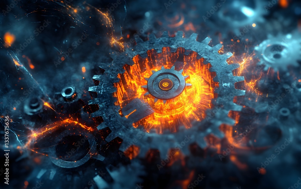 Poster close-up of dynamic gears with fiery elements, showcasing intricate mechanical design and industrial