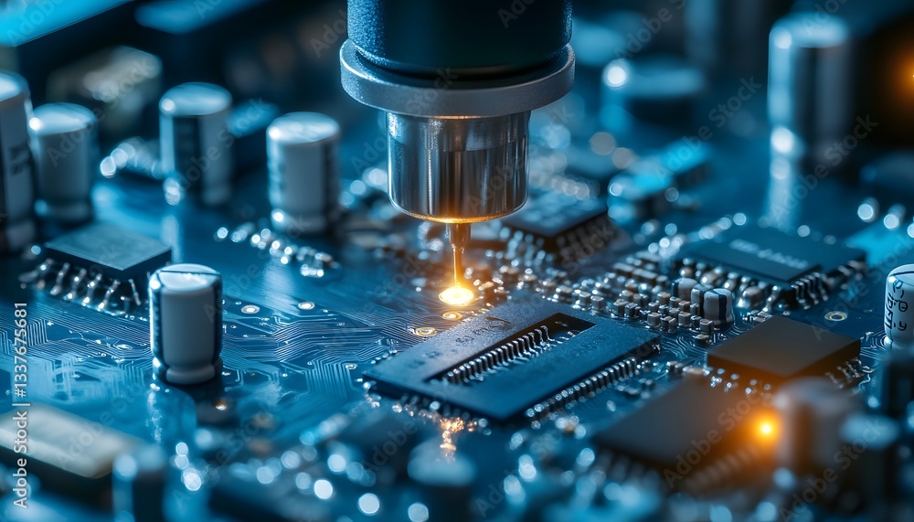 Poster close-up view of a circuit board with intricate details highlighting electronic components and innov