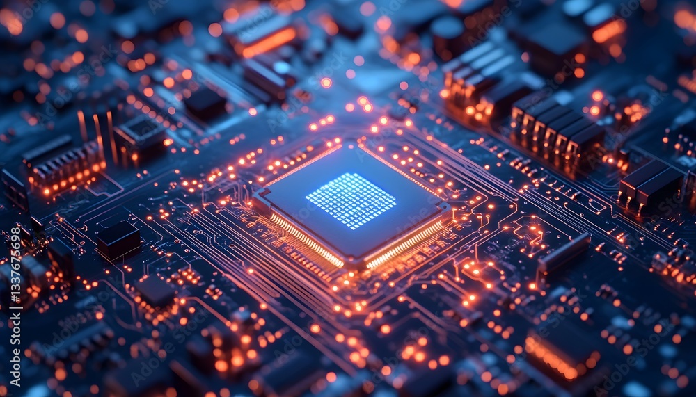 Poster close-up view of a glowing microchip surrounded by intricate circuitry, symbolizing advanced technol