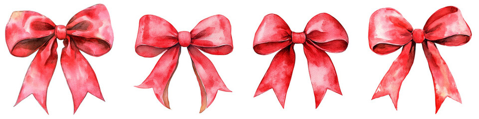 Red Bow on Isolated White Background, Watercolor Illustration