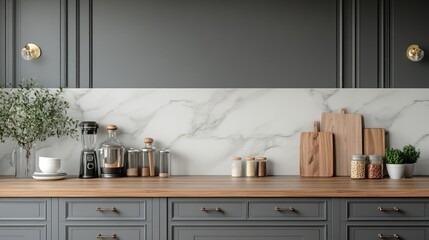 A Modern Kitchen Counter Displaying Various Stylish Accessories and Decor