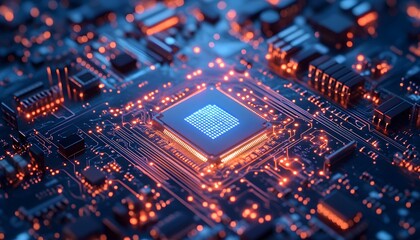 Obraz premium Close-up view of a glowing microchip surrounded by intricate circuitry, symbolizing advanced technology and innovation.