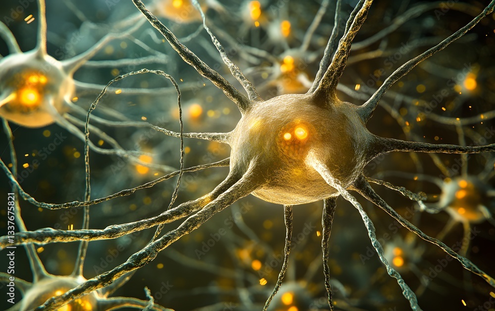 Poster close-up view of neurons showcasing their intricate structures. the image highlights the glowing syn