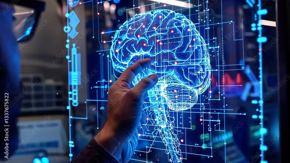 Poster exploring advanced brain interface technology and its implications in a futuristic lab setting