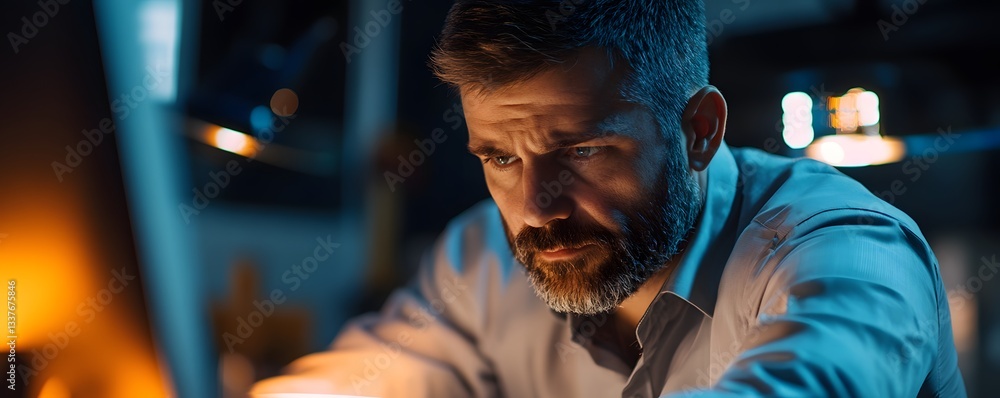 Poster focused professional analyzing data at night, illuminated by soft light, showcasing dedication and c