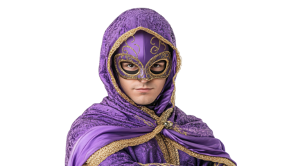A man in a purple hooded cloak and a golden Venetian mask.