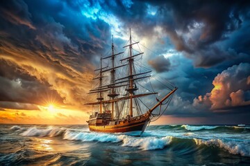 Obraz premium Isolated Timber Sailing Ship at Sea: Dramatic Fashion Photography