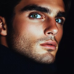 Fototapeta premium Close-up portrait of a young man with striking blue eyes and dramatic lighting