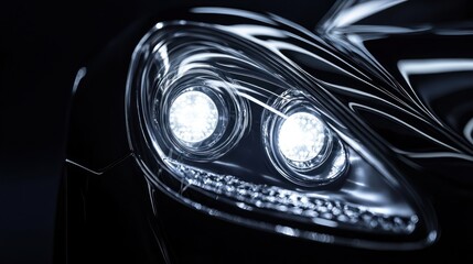 Sleek Black Car Headlights Illuminating Dark Space