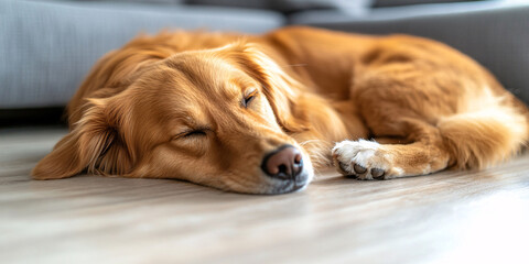 Obraz premium A Golden Retriever dog peacefully sleeping on a wooden floor.