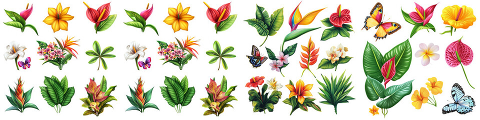 Set Tropical Flowers Isolated Botanical Flora. Bird of Paradise, Yellow Butterfly, Anthurium, Guzmania, Heliconia Hawaii