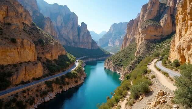 Aerial view of El Chorro gorge with turquoise water in Ardales Malaga Spain. Caminito del Rey walking trail, Kings little pathway passes between rocky mountains with green trees. Adventure travel