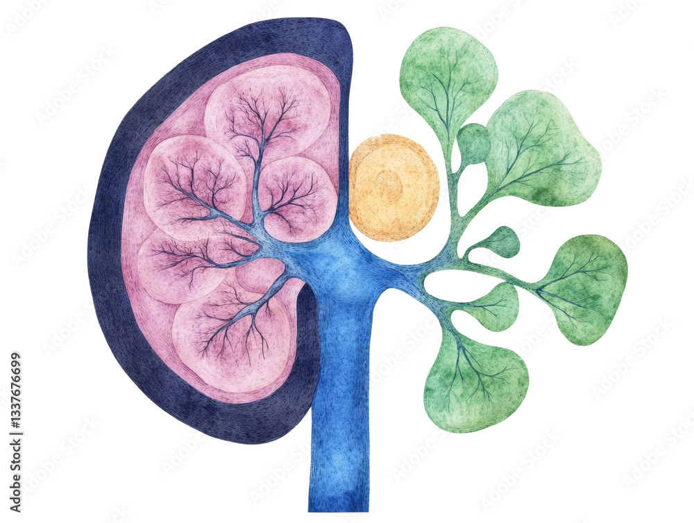 Poster a colorful illustration of a kidney with branching structures, depicting its anatomical features and