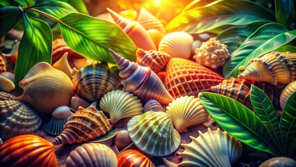 Fototapeta premium Seashells and Green Leaves on Beach