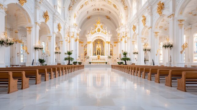 Grand interior of a historic church showcasing intricate architecture and elegant decor in bright daylight