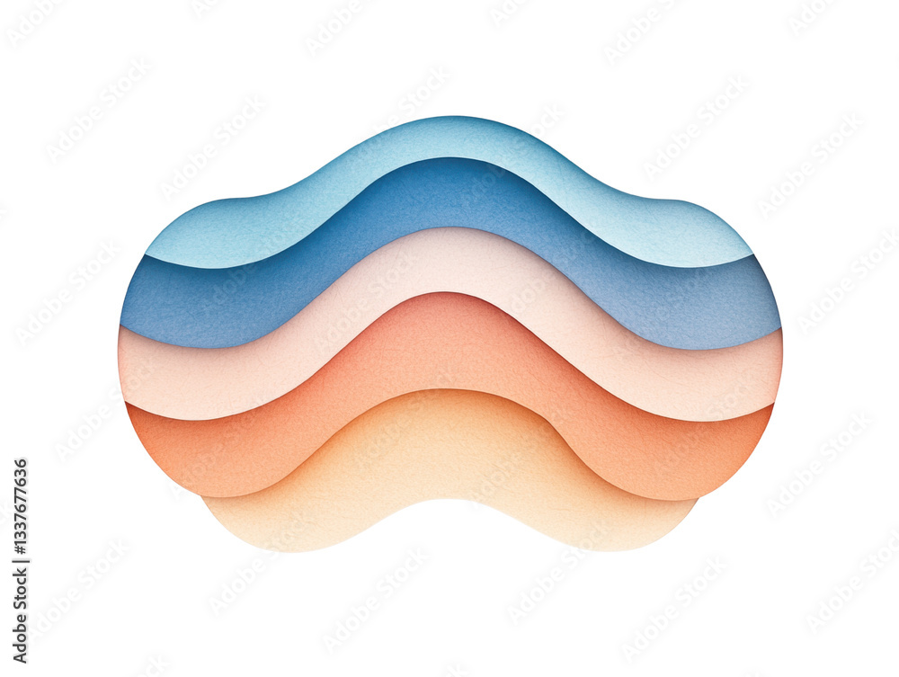 Poster a layered, abstract shape featuring smooth curves in gradient colors of blue, peach, and cream, crea