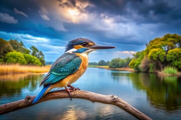 Juvenile Sacred Kingfisher on Branch, Blue River, Australia - Panoramic