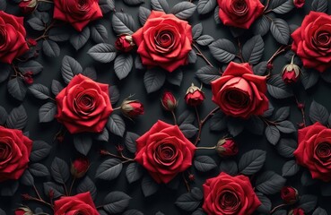 Seamless pattern of red roses, buds and gray leaves on black. Gothic style floral design for textile, fabric. Romantic elegant rose ornament backdrop for wallpaper, wrapping paper.