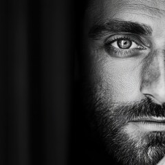 Naklejka premium Close-up black and white portrait of a man's eye with beard and mustache