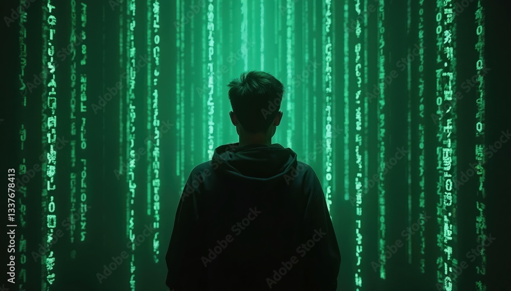 Poster person immersed digital matrix environment. cyber code, green background. abstract virtual reality i