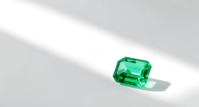 single emerald gem resting on a glossy surface, reflecting soft ambient lighting